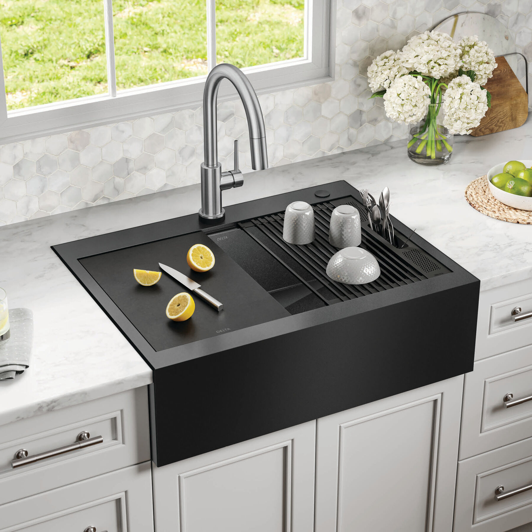 30” Retrofit Farmhouse Apron Front 16 Gauge Workstation Kitchen Sink Single Bowl in with WorkFlow™ Ledge and Accessories for Top Mount Drop-In Installation, image 12